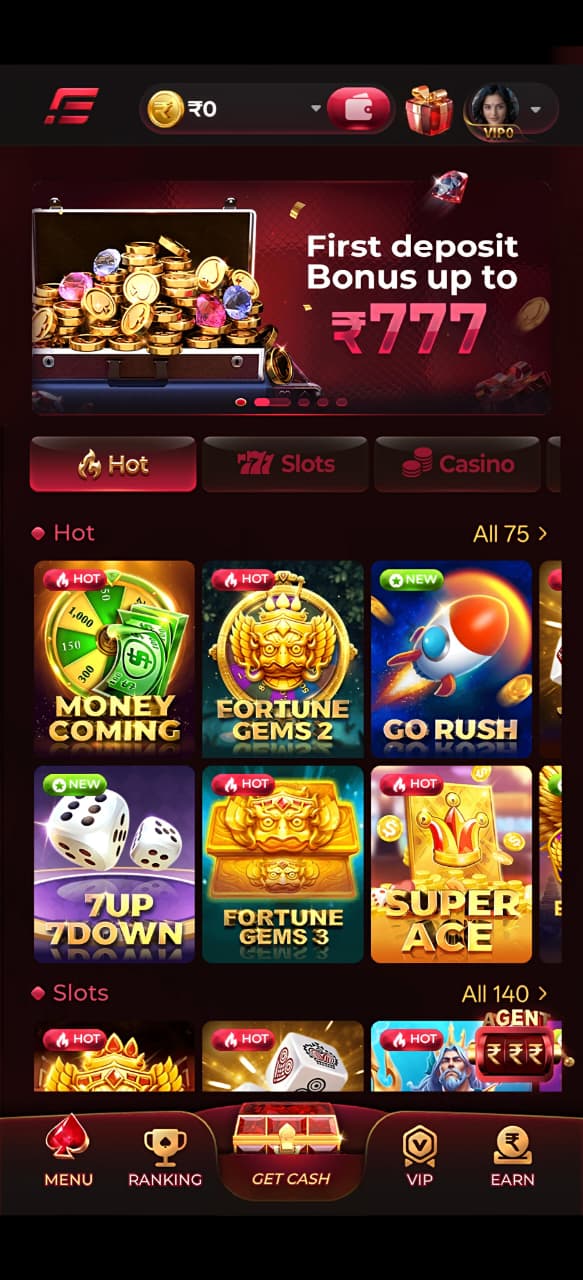 IE777 Game app interface showing colorful online gaming dashboard with bonus rewards, referral offers, and secure APK download options.
